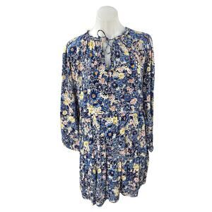 Ann Taylor LOFT Blue Floral Long Sleeve Tie Neck Tiered Midi Shirt Dress Size XL